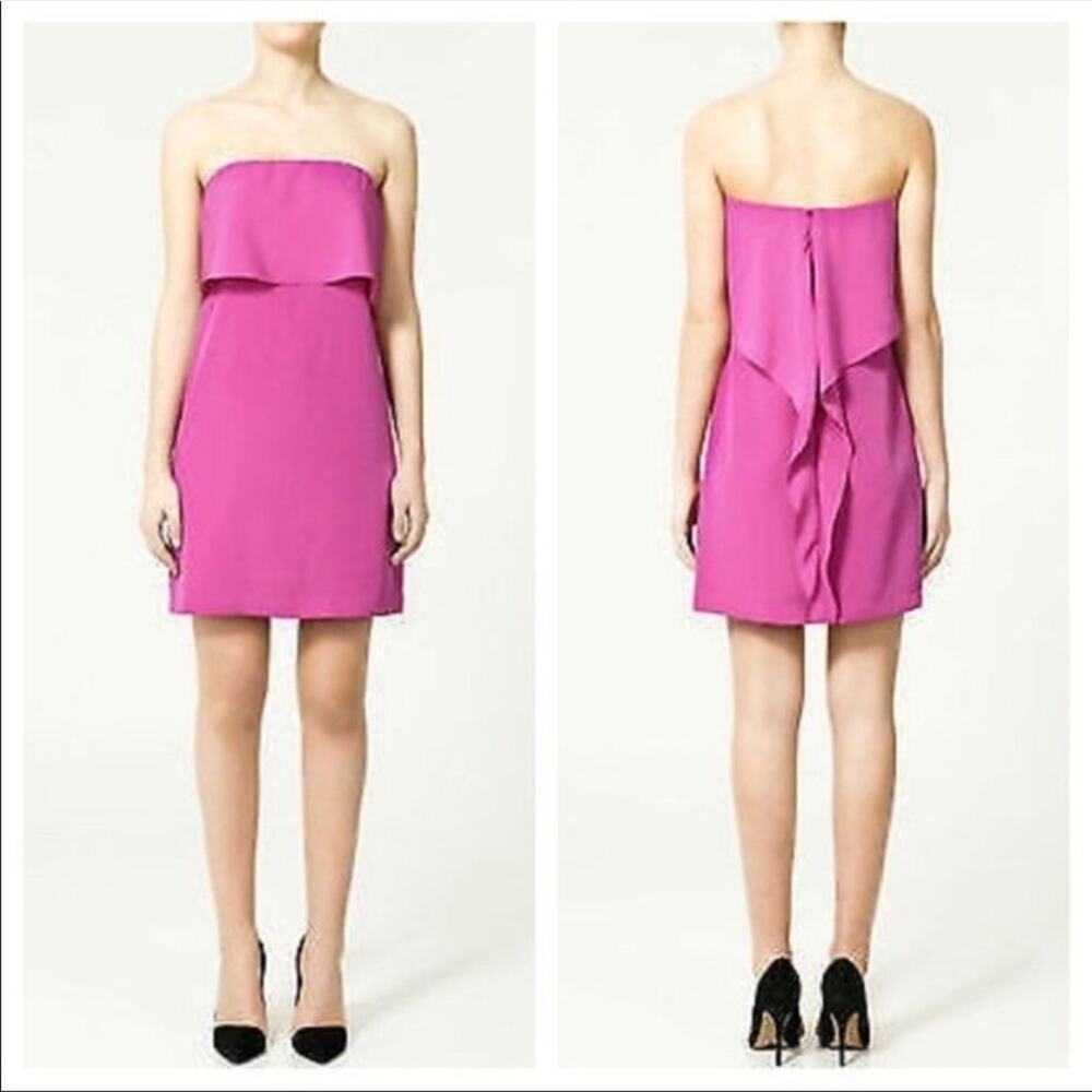 NWT Zara Ruffle Strapless Dress in Pink Sz M